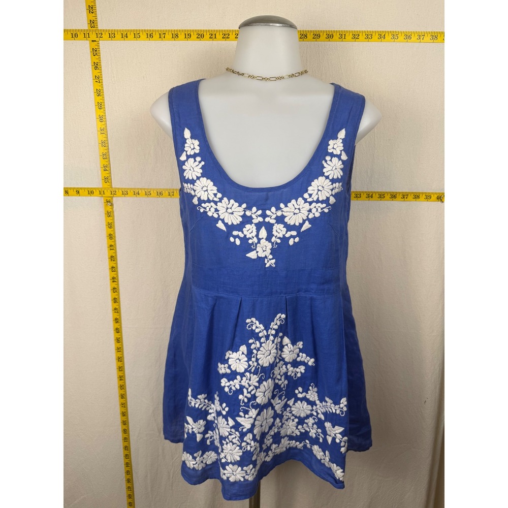 Karen Kane Tunic Dress Small Blue Embroidered 100% Linen Sleeveless Chic Boho